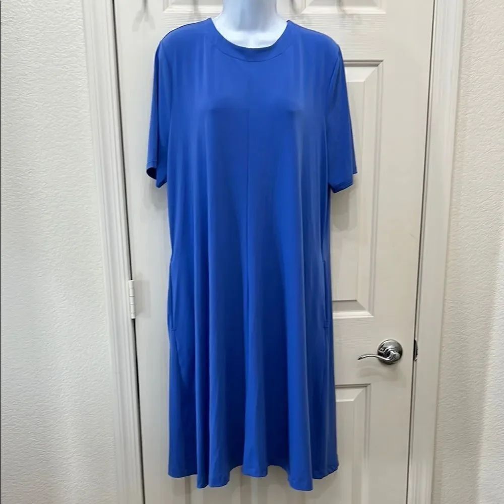 Chico's Blue Midi Dress Size 2 Scoop Neck Short Sleeve Flowy Business Casual